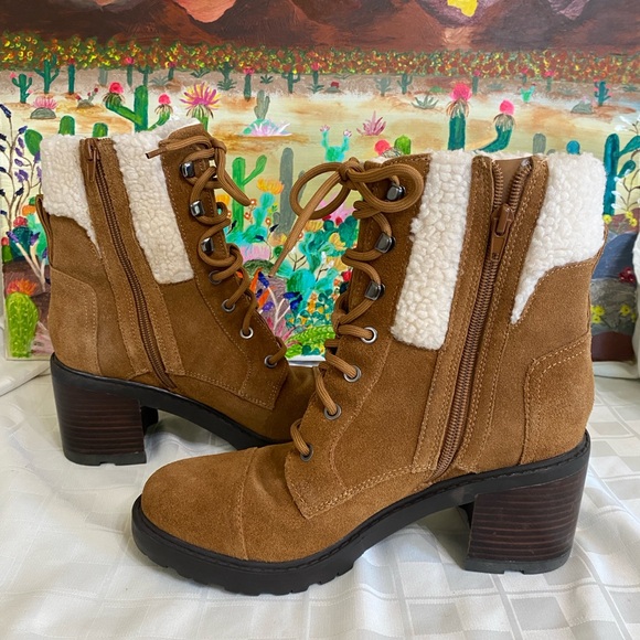 Marc Fisher Lansley Suede Ankle Boots, Side Zipper,Lace Up,Moto, Tan, Size 8.5M - Picture 1 of 16